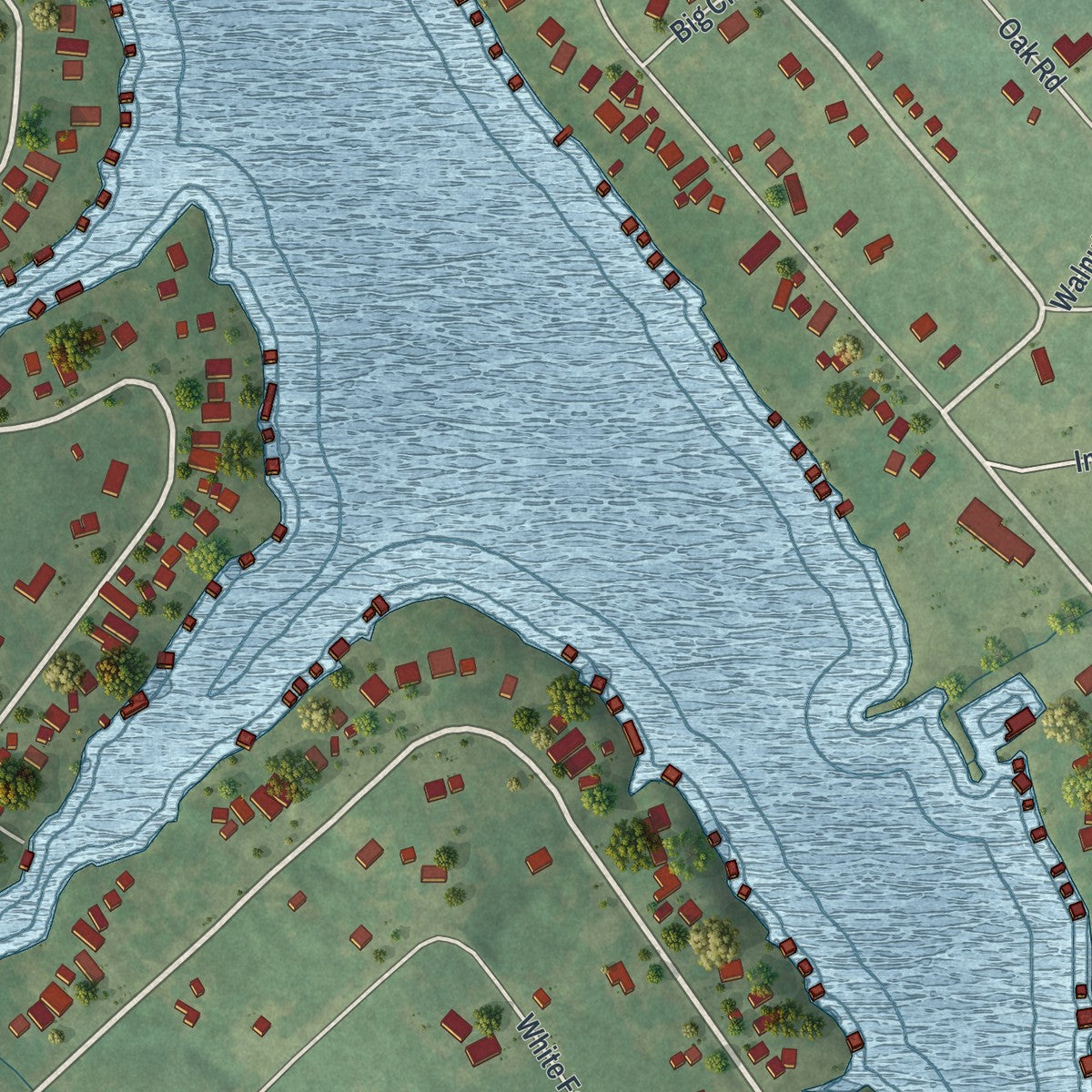Close-up of the map of Indian Lake, Missouri print showing street and building detail