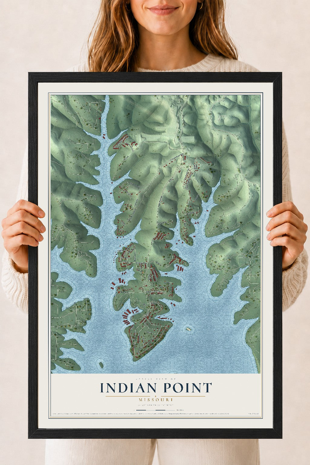 Map of Indian Point, Missouri, 18 x 24 inch print in a black wood frame