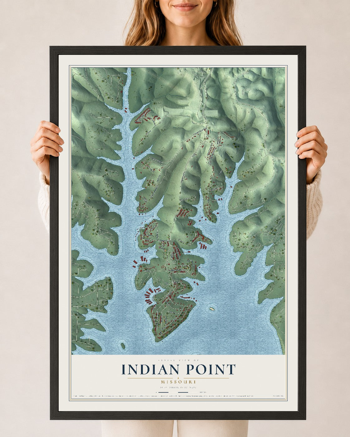 Map of Indian Point, Missouri, 24 x 36 inch print in a black wood frame