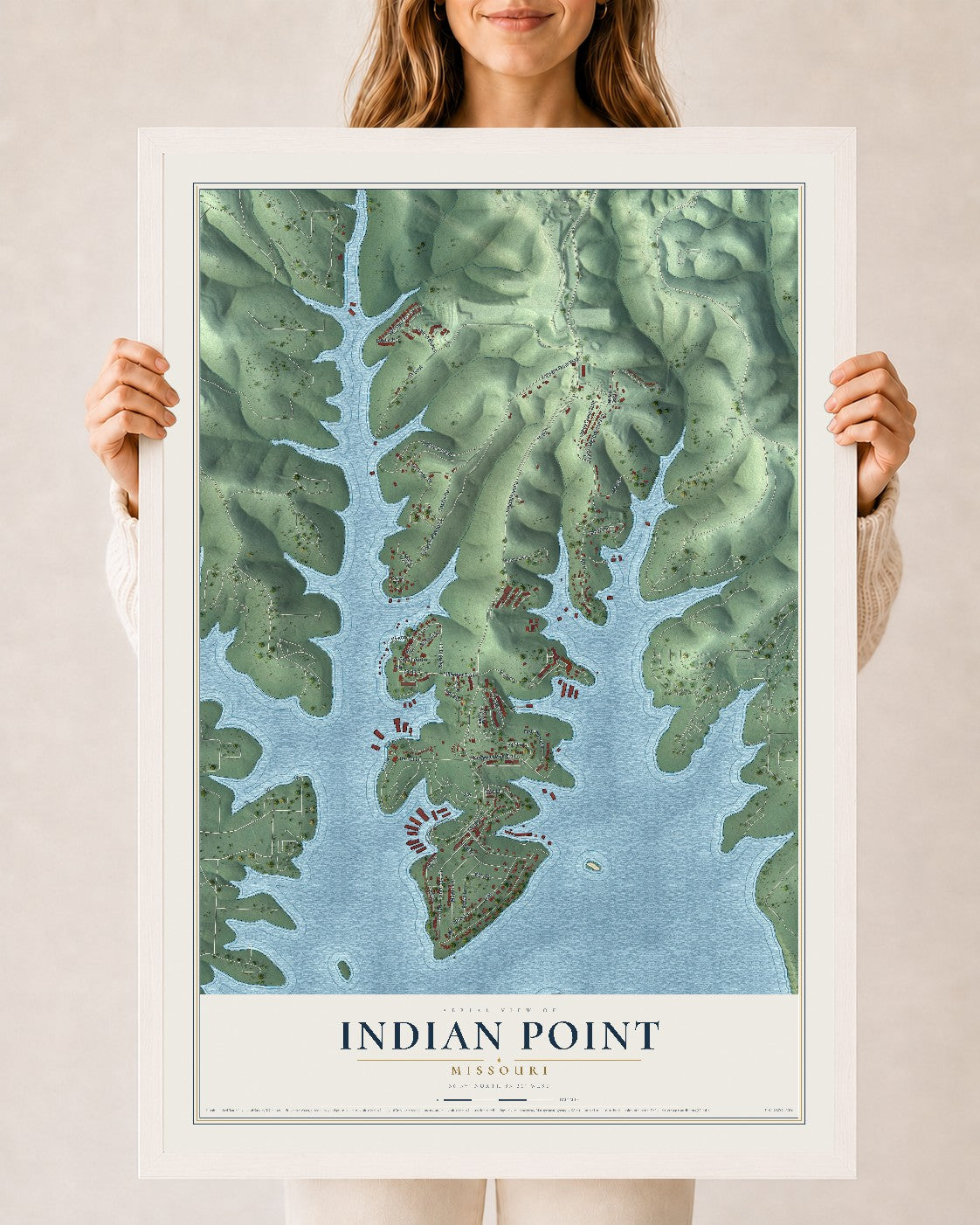 Map of Indian Point, Missouri, 24 x 36 inch print in a white wood frame