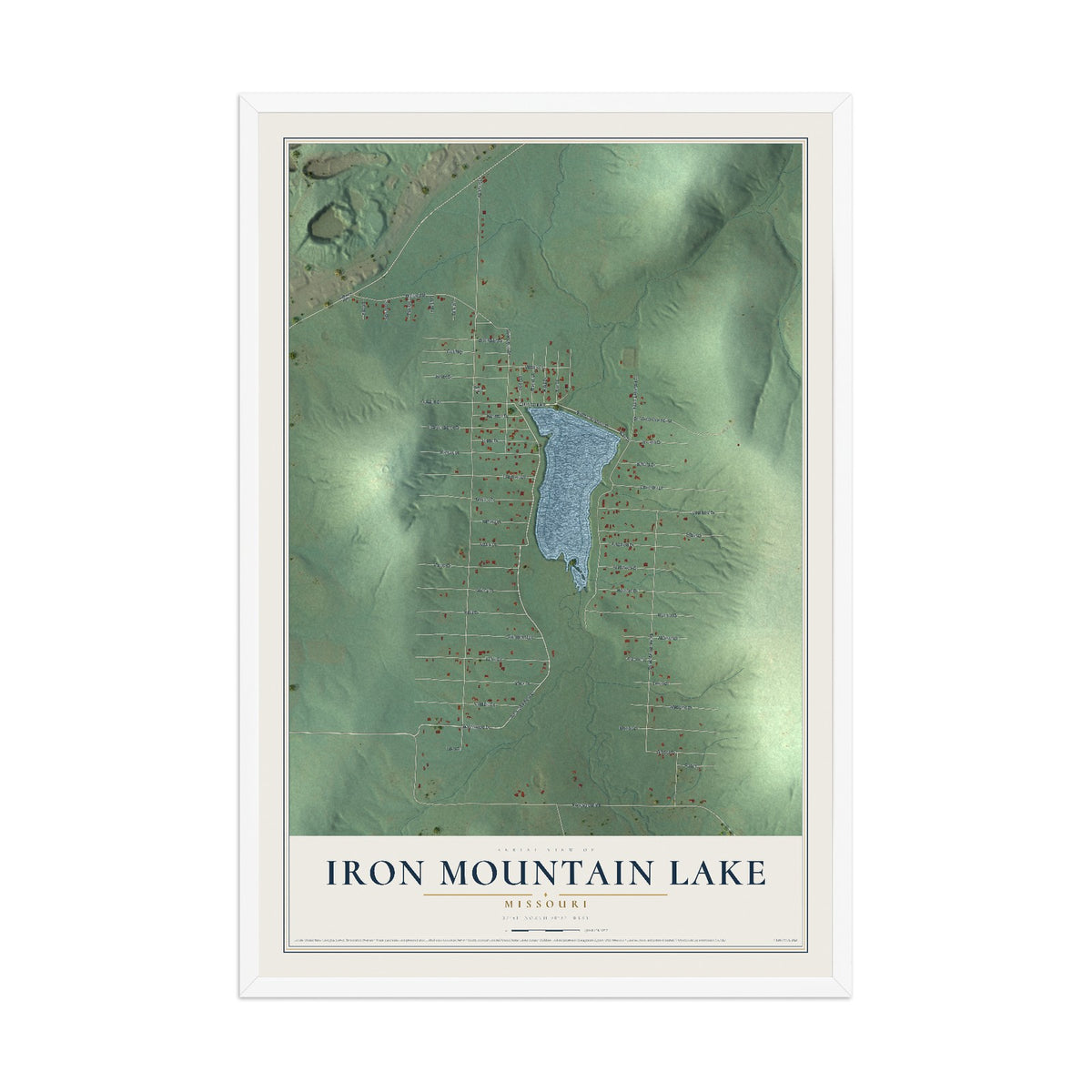 Map of Iron Mountain Lake, Missouri, 12 x 18 inch print in a white wood frame