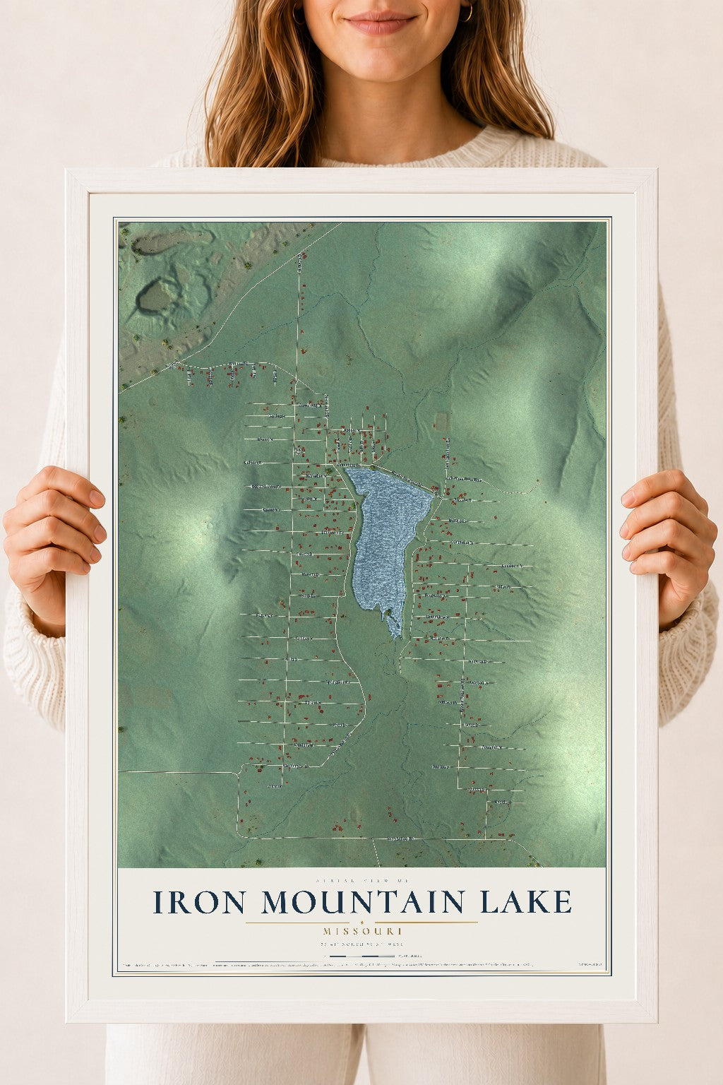 Map of Iron Mountain Lake, Missouri, 18 x 24 inch print in a white wood frame