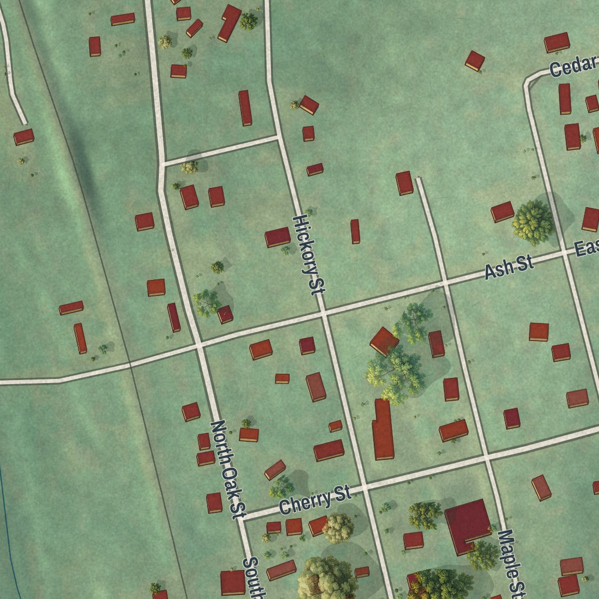 Close-up of the map of Irondale, Missouri print showing street and building detail