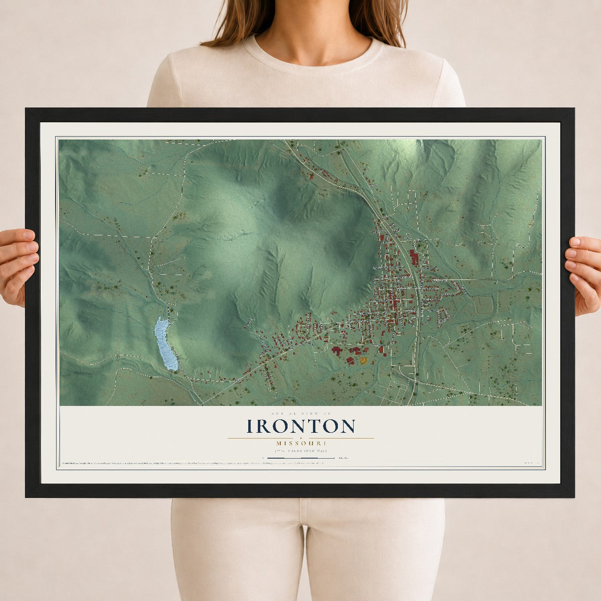 Map of Ironton, Missouri, 18 x 24 inch print in a black wood frame