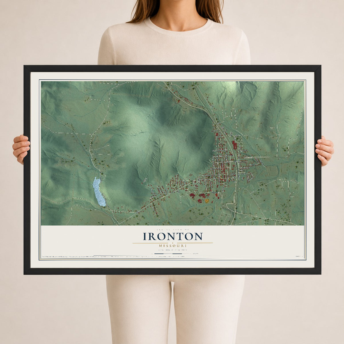 Map of Ironton, Missouri, 24 x 36 inch print in a black wood frame