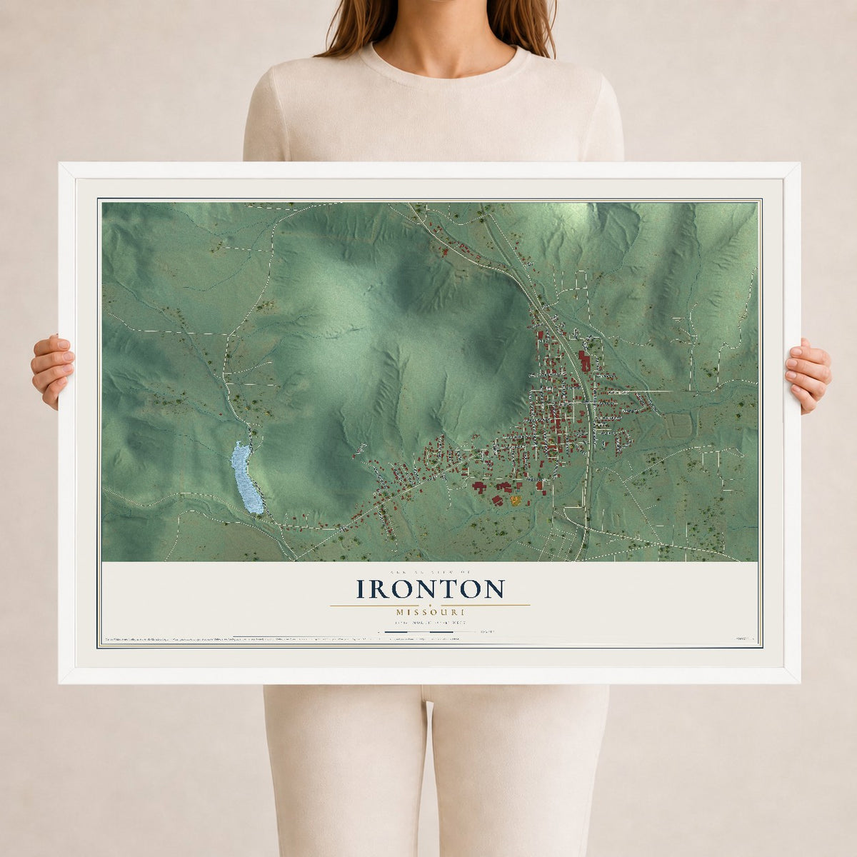 Map of Ironton, Missouri, 24 x 36 inch print in a white wood frame