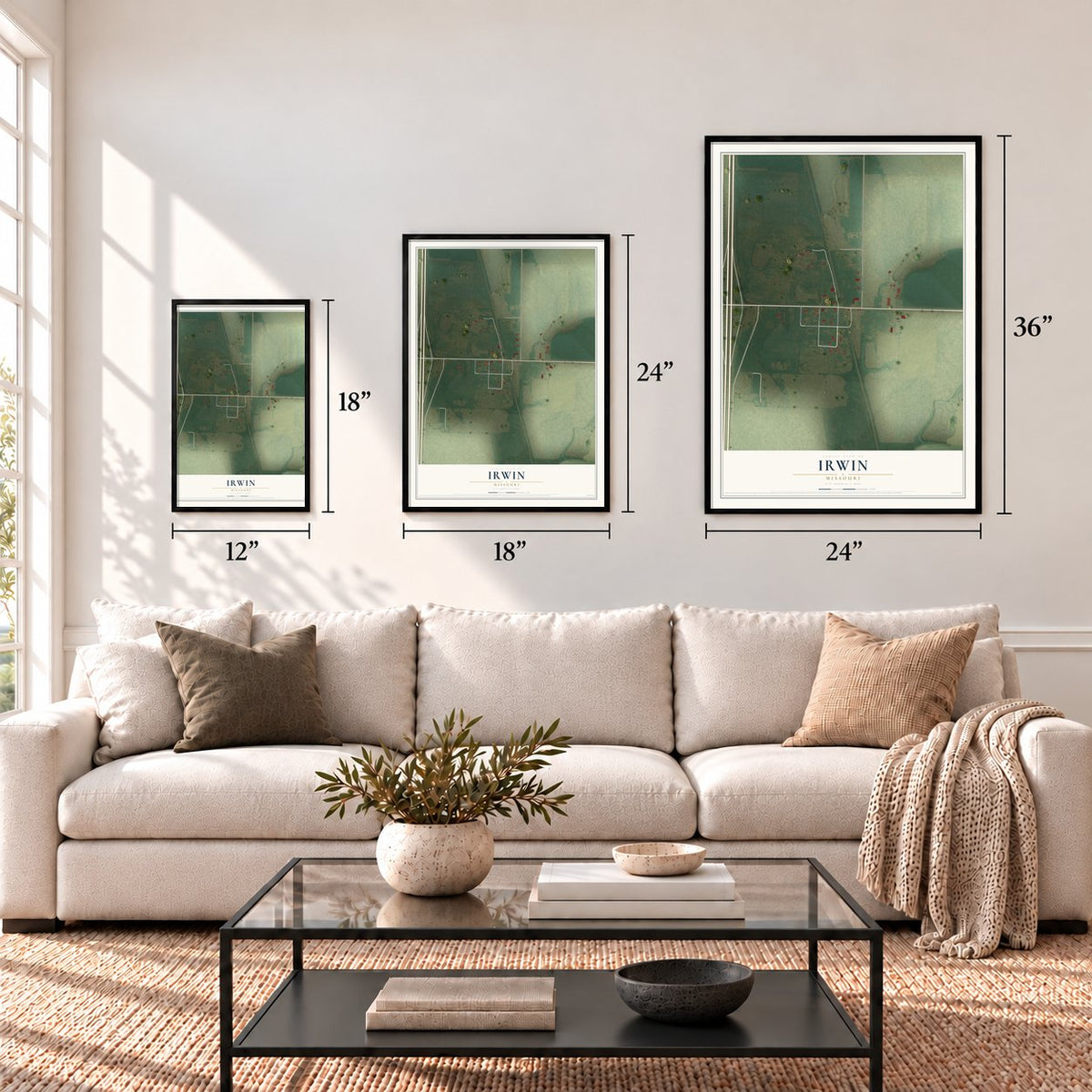 Irwin, Missouri map in 12 x 18, 18 x 24 and 24 x 36 inch sizes above a sofa