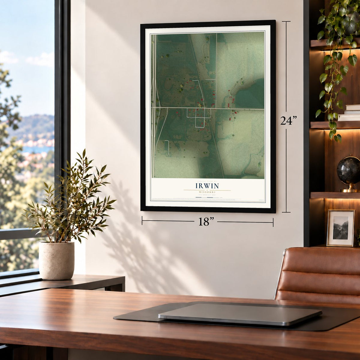 Irwin, Missouri map, 18 x 24 inch print in a black frame in a home office
