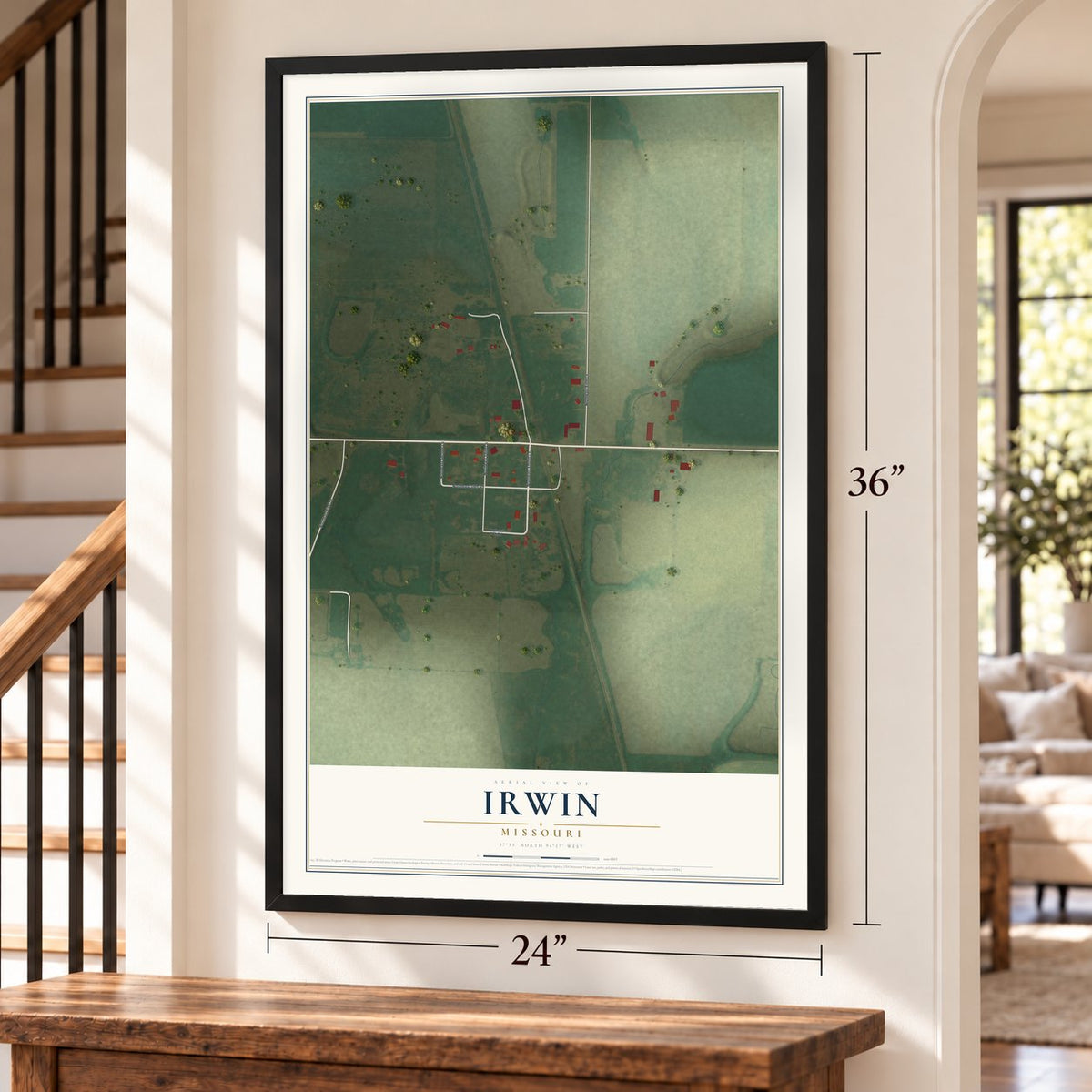 Irwin, Missouri map, 24 x 36 inch print in a black frame by a staircase