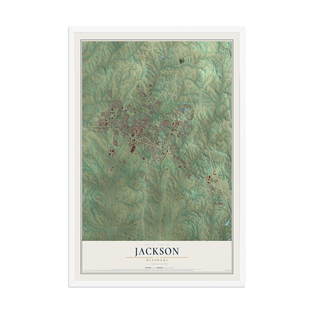 Map of Jackson, Missouri, 12 x 18 inch print in a white wood frame