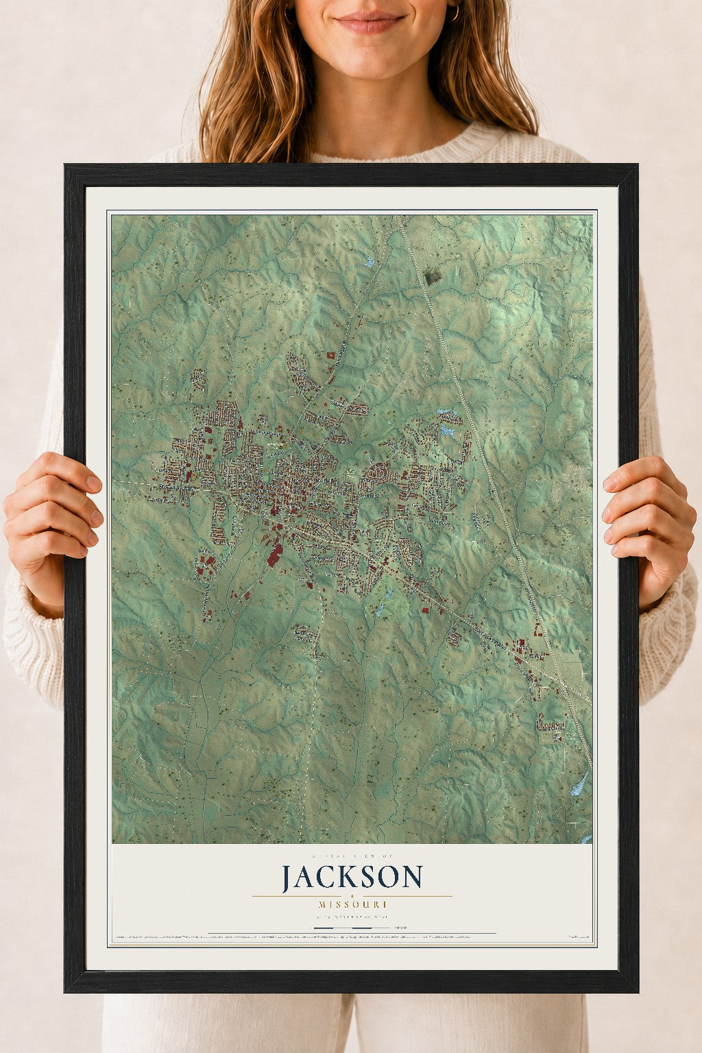 Map of Jackson, Missouri, 18 x 24 inch print in a black wood frame