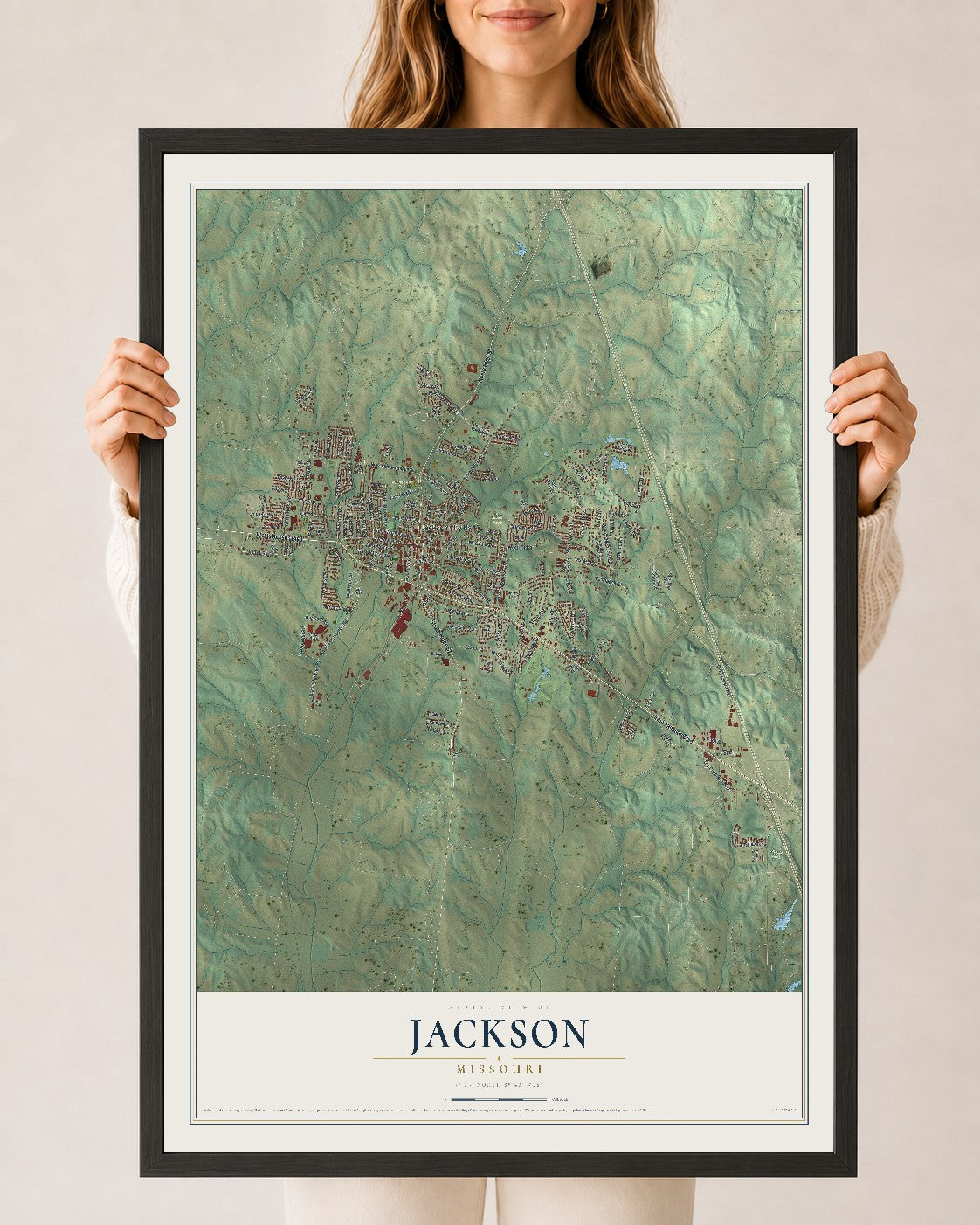 Map of Jackson, Missouri, 24 x 36 inch print in a black wood frame