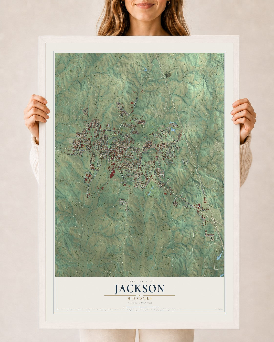 Map of Jackson, Missouri, 24 x 36 inch print in a white wood frame