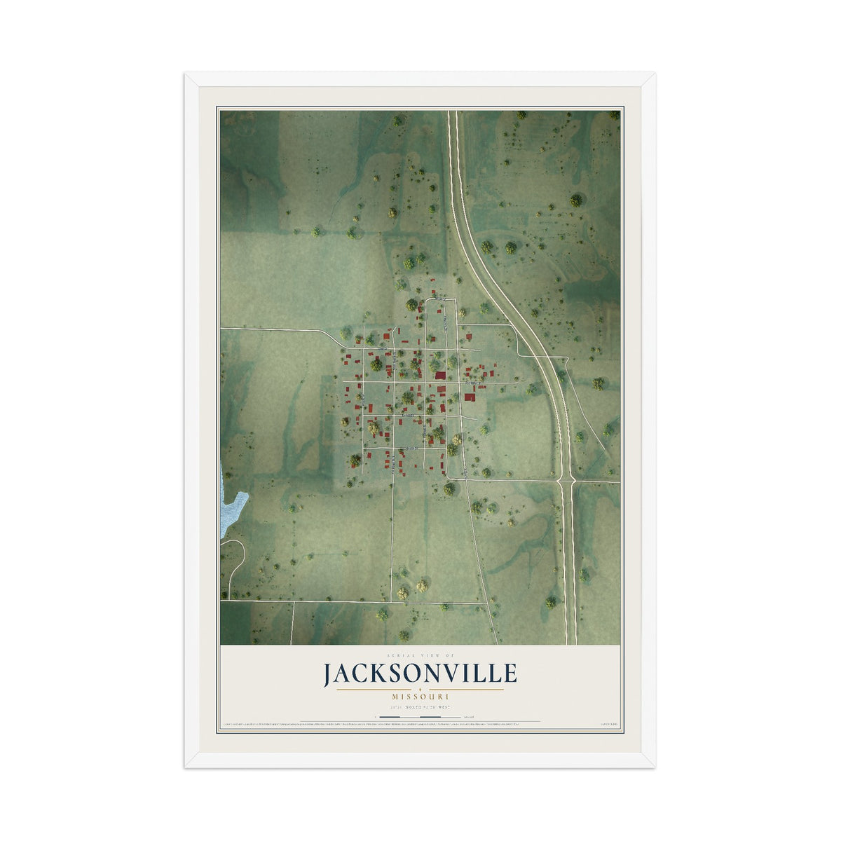 Map of Jacksonville, Missouri, 12 x 18 inch print in a white wood frame