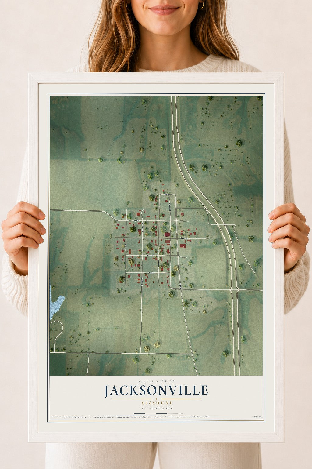 Map of Jacksonville, Missouri, 18 x 24 inch print in a white wood frame