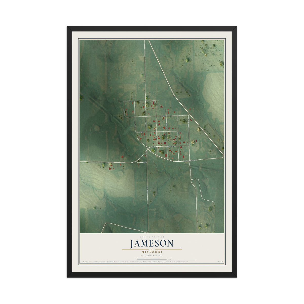 Map of Jameson, Missouri, 12 x 18 inch print in a black wood frame