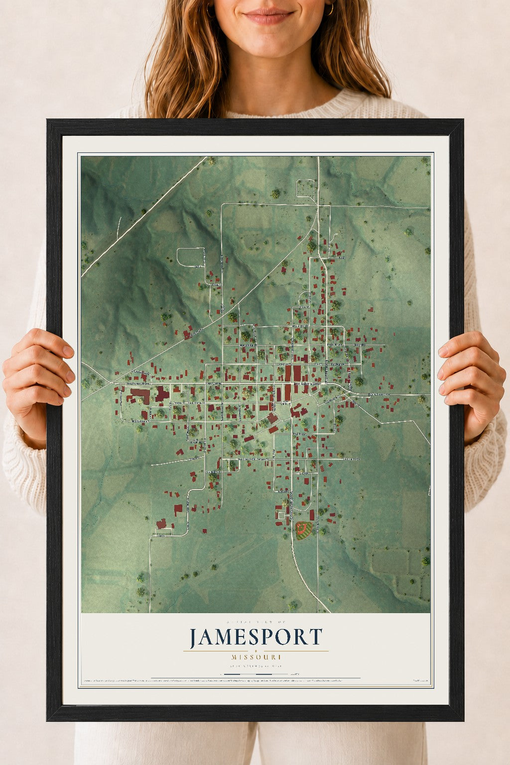 Map of Jamesport, Missouri, 18 x 24 inch print in a black wood frame