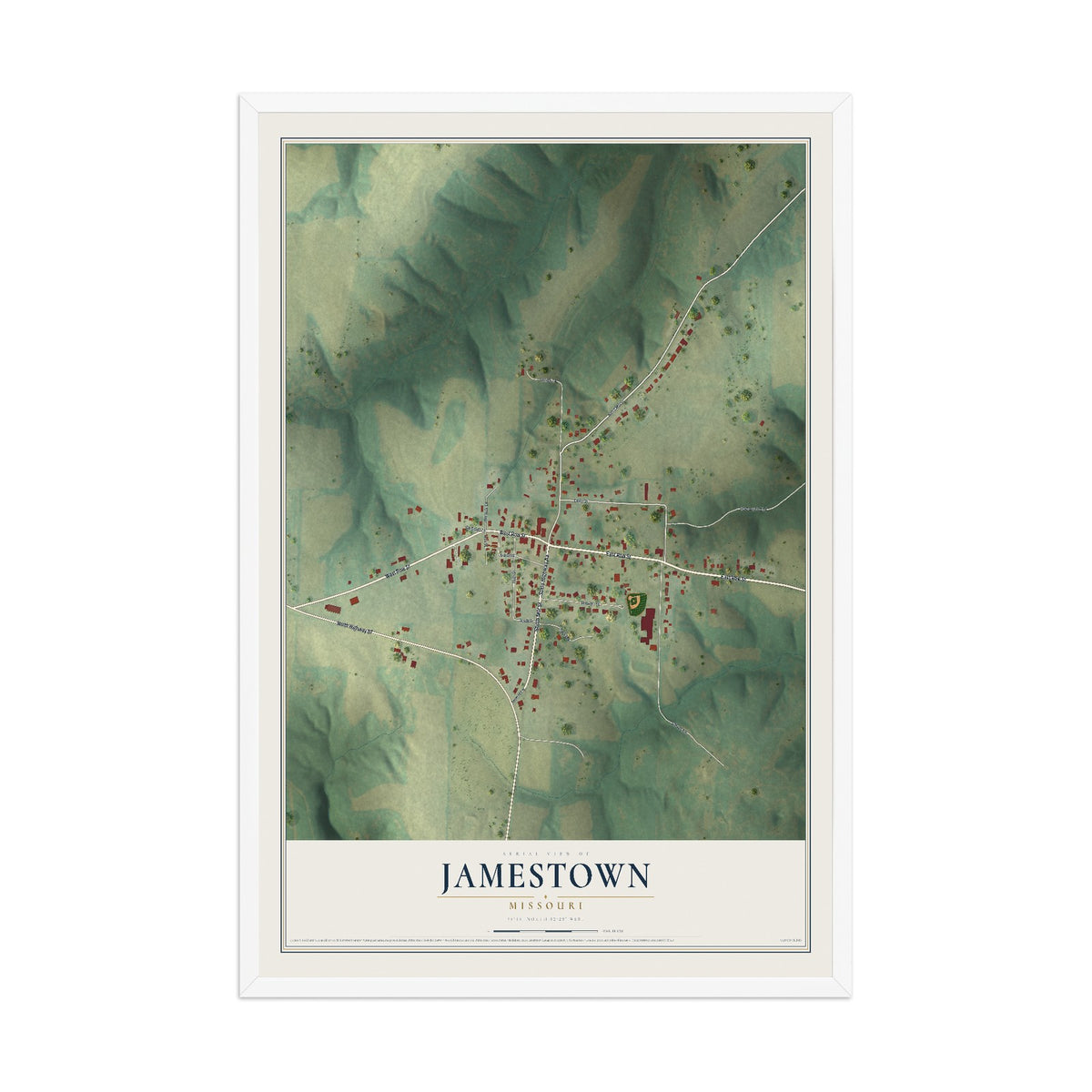 Map of Jamestown, Missouri, 12 x 18 inch print in a white wood frame