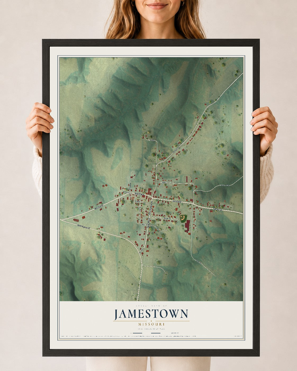 Map of Jamestown, Missouri, 24 x 36 inch print in a black wood frame