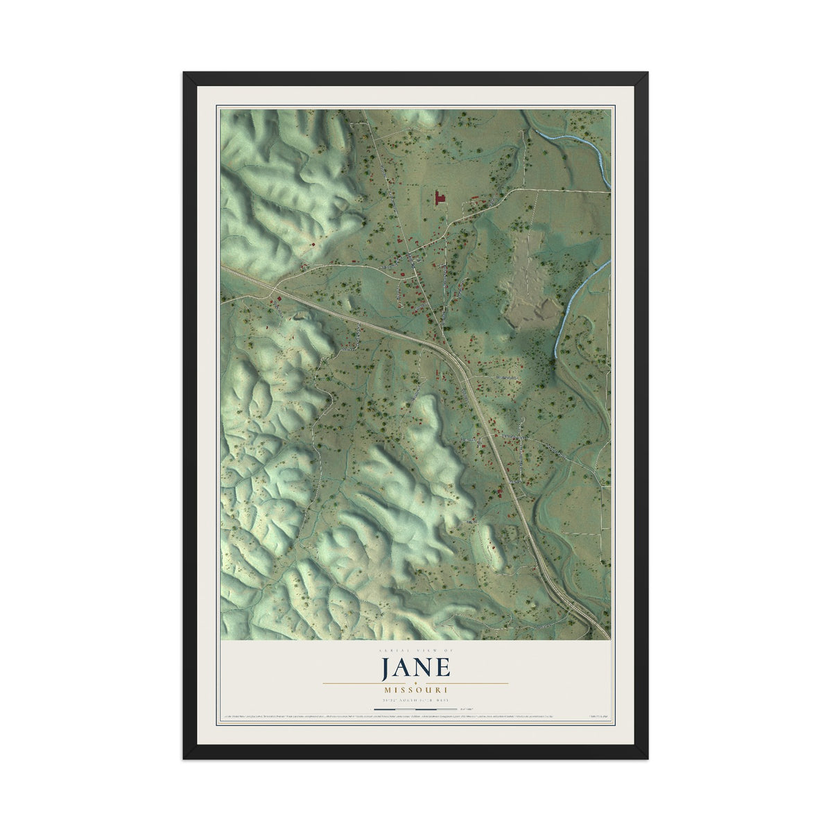 Map of Jane, Missouri, 12 x 18 inch print in a black wood frame