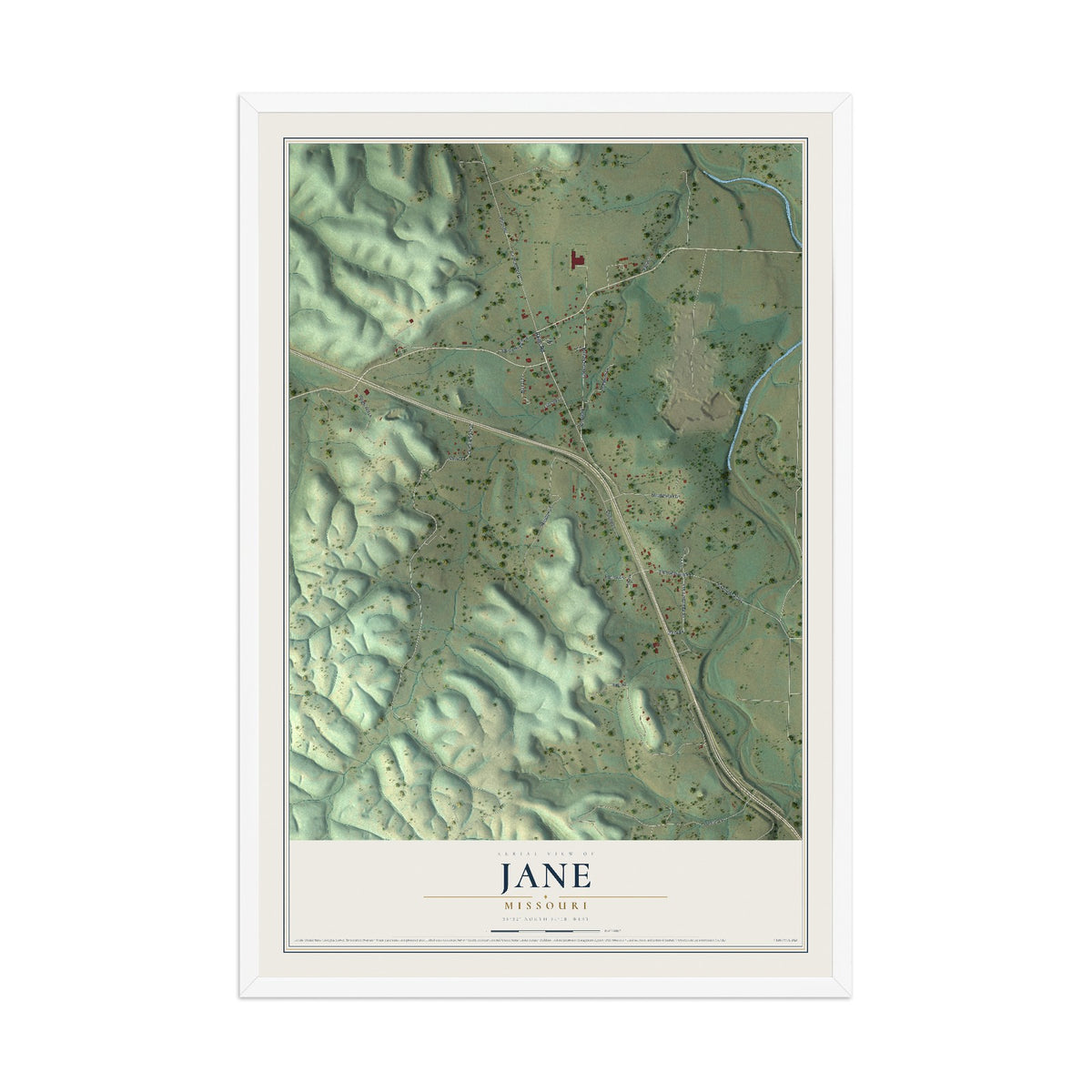 Map of Jane, Missouri, 12 x 18 inch print in a white wood frame