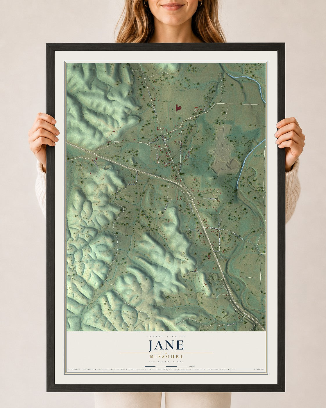 Map of Jane, Missouri, 24 x 36 inch print in a black wood frame