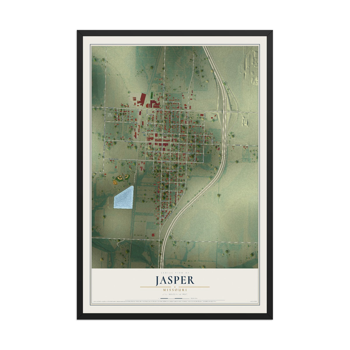 Map of Jasper, Missouri, 12 x 18 inch print in a black wood frame