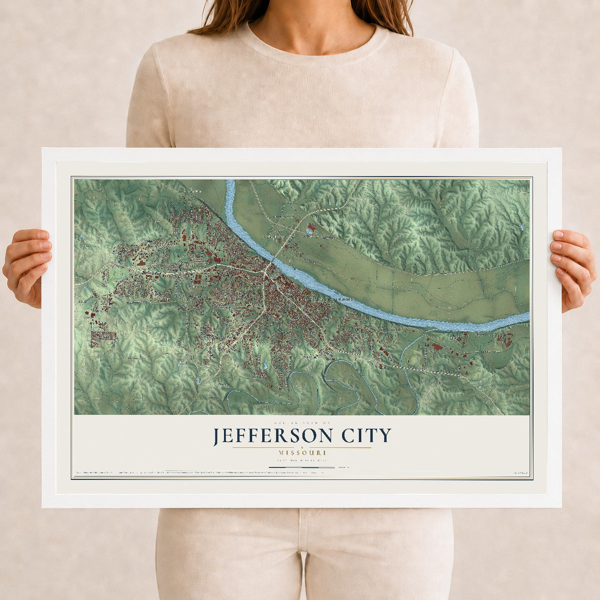 Map of Jefferson City, Missouri, 12 x 18 inch print in a white wood frame