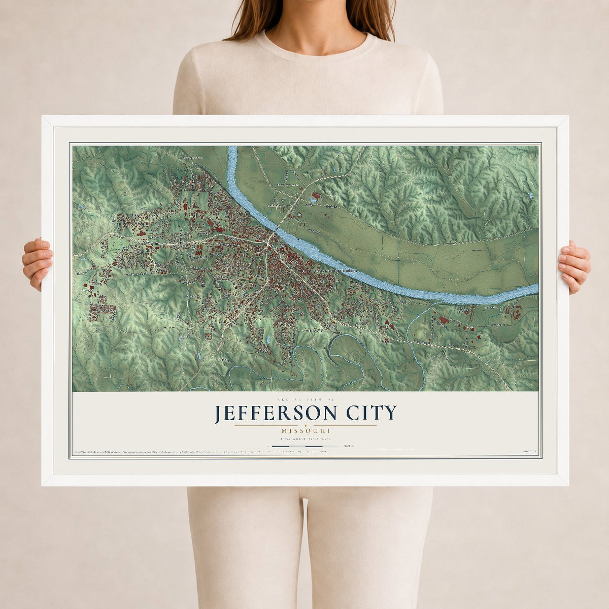 Map of Jefferson City, Missouri, 24 x 36 inch print in a white wood frame