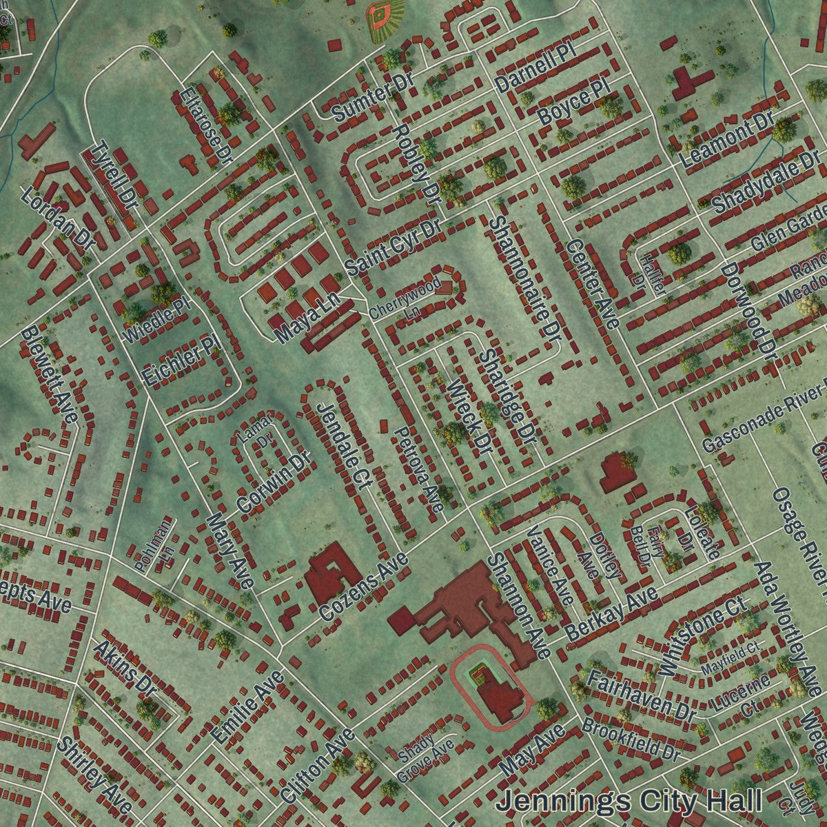 Close-up of the map of Jennings, Missouri print showing street and building detail