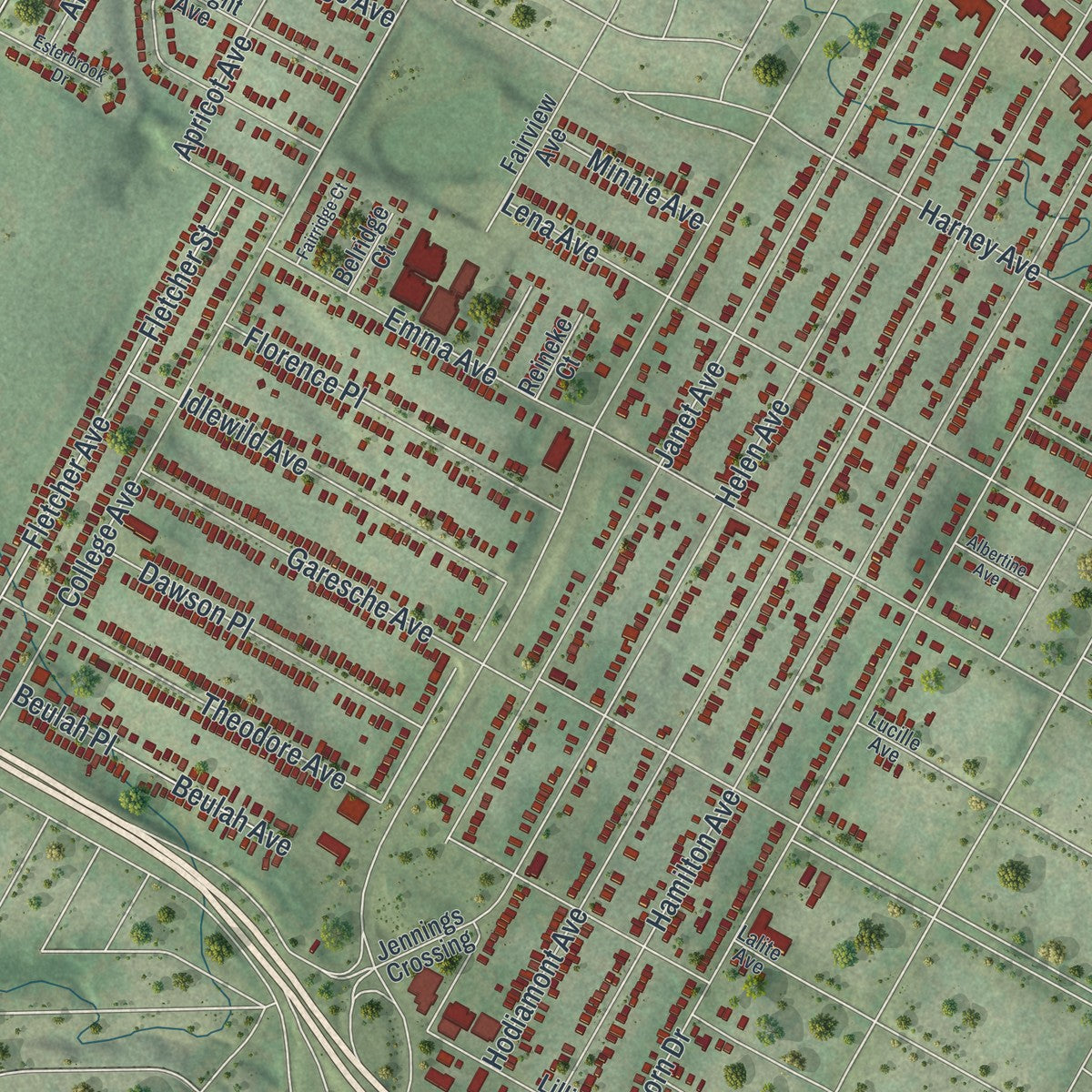 Second close-up of the map of Jennings, Missouri print showing more streets and buildings