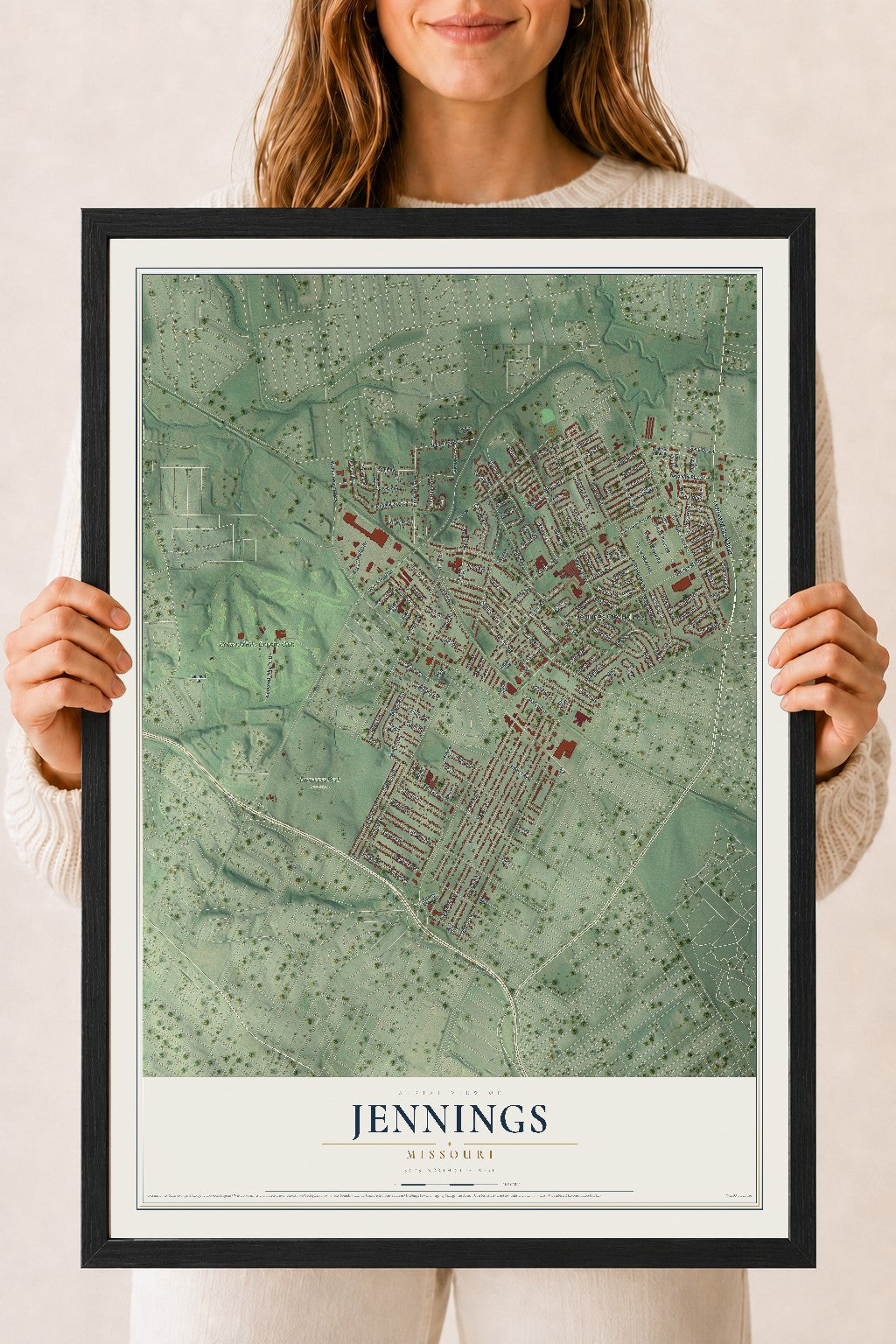 Map of Jennings, Missouri, 18 x 24 inch print in a black wood frame