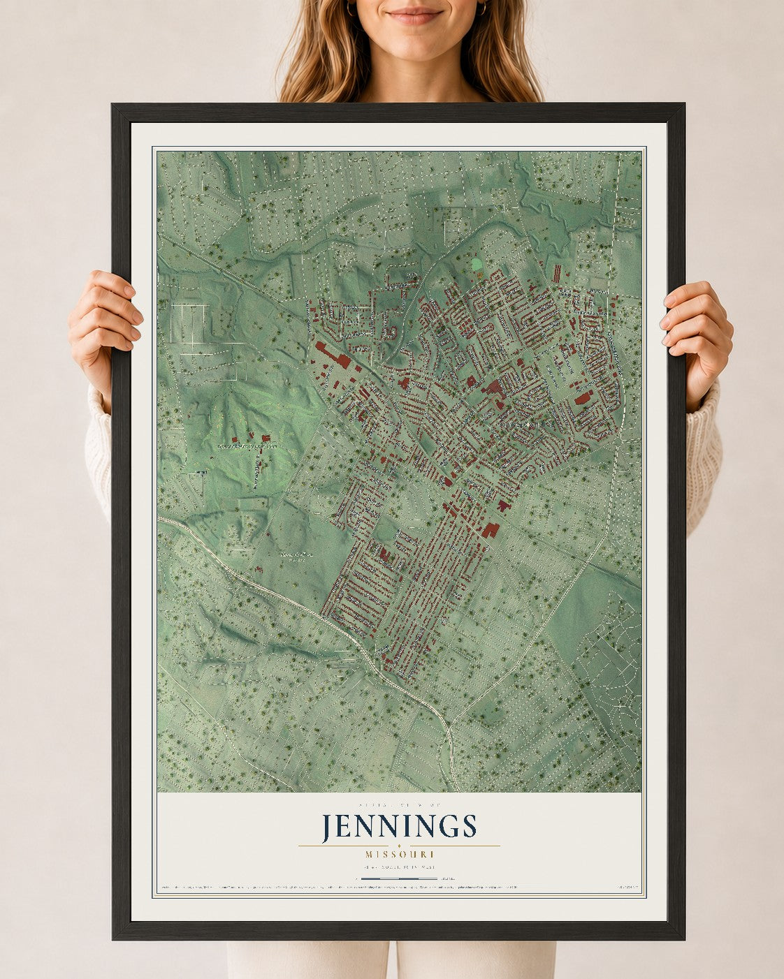 Map of Jennings, Missouri, 24 x 36 inch print in a black wood frame