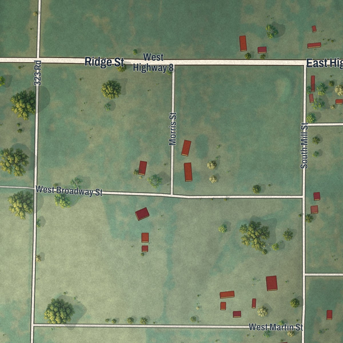 Second close-up of the map of Jerico Springs, Missouri print showing more streets and buildings