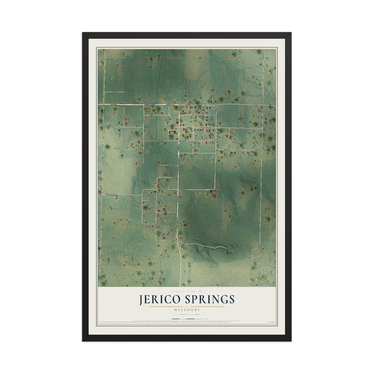Map of Jerico Springs, Missouri, 12 x 18 inch print in a black wood frame