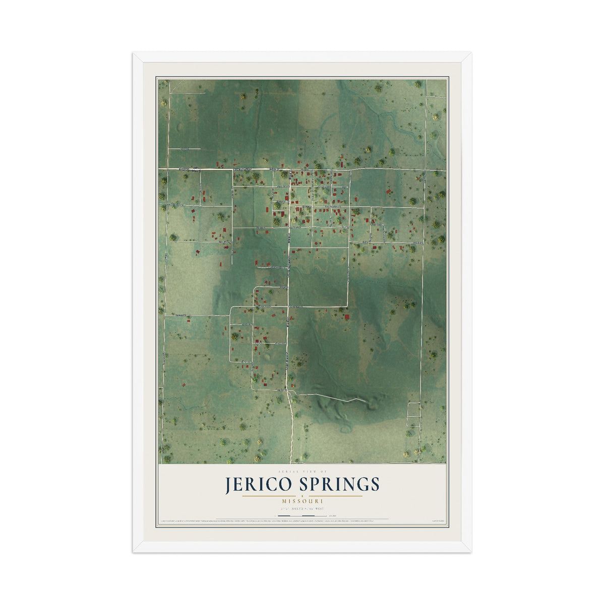 Map of Jerico Springs, Missouri, 12 x 18 inch print in a white wood frame