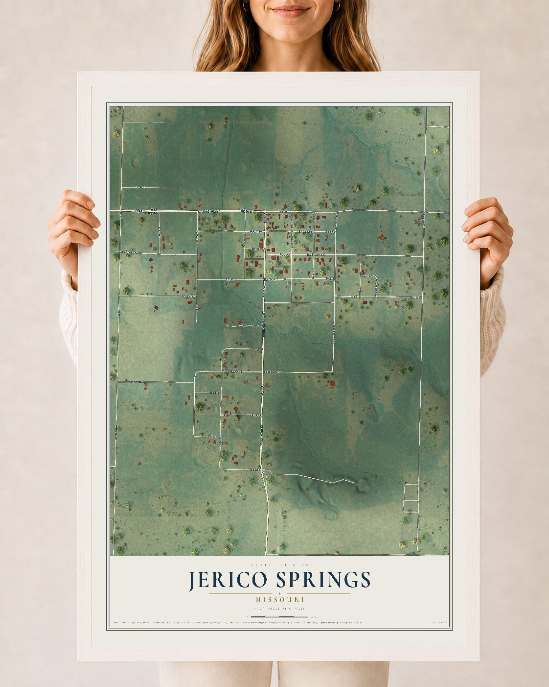 Map of Jerico Springs, Missouri, 24 x 36 inch print in a white wood frame