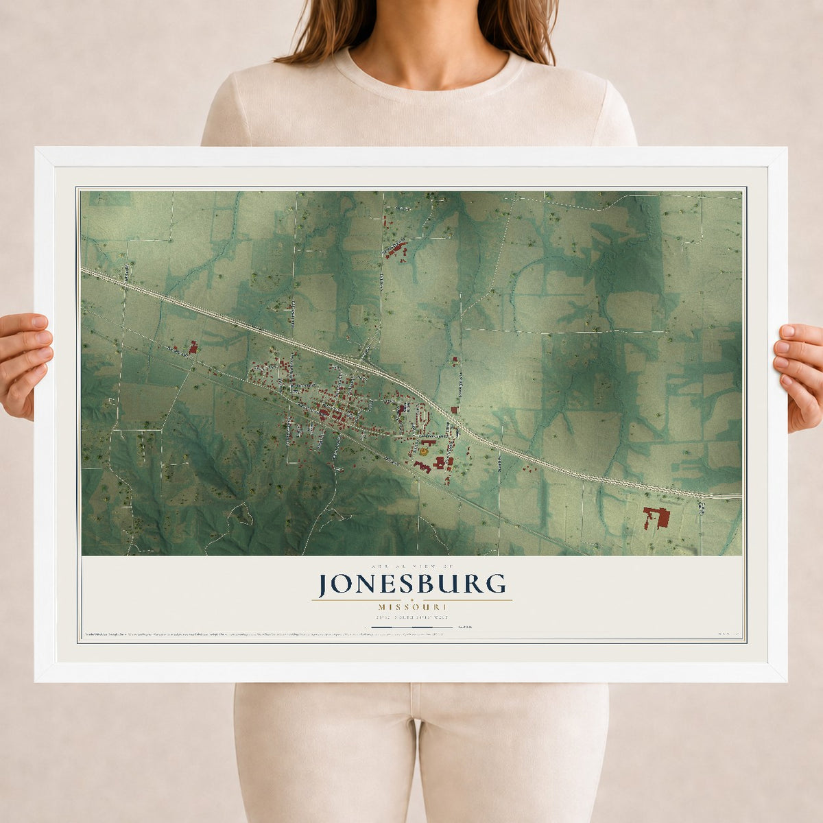 Map of Jonesburg, Missouri, 18 x 24 inch print in a white wood frame