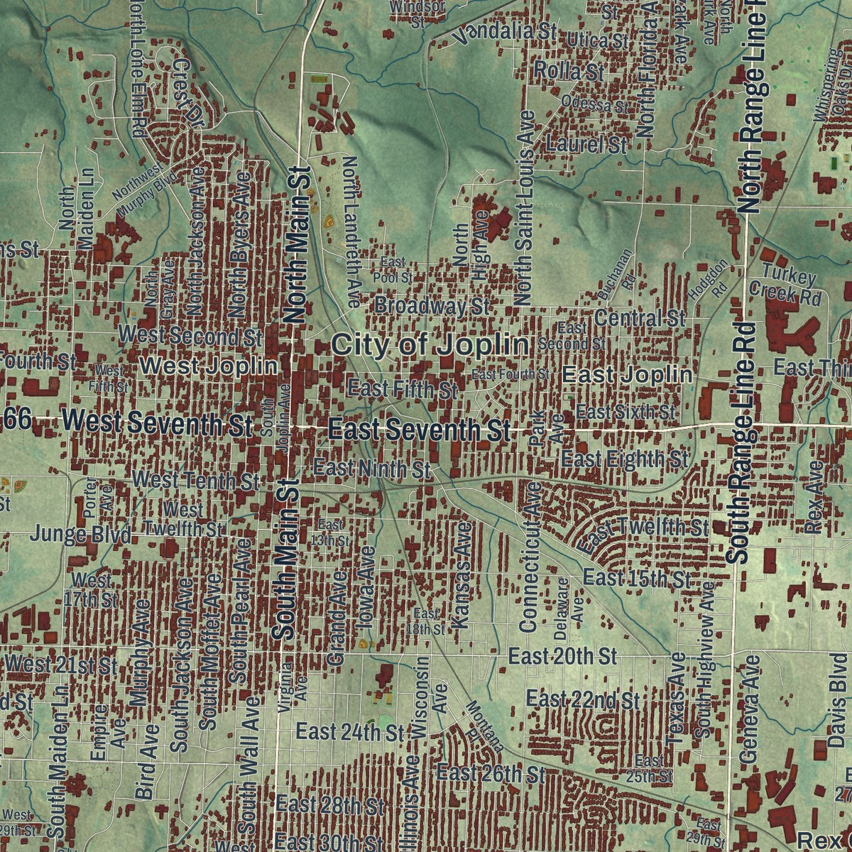 Close-up of the map of Joplin, Missouri print showing street and building detail