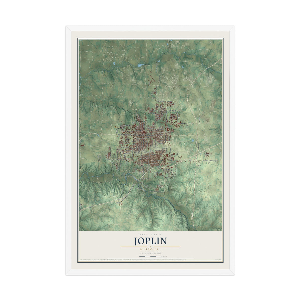 Map of Joplin, Missouri, 12 x 18 inch print in a white wood frame