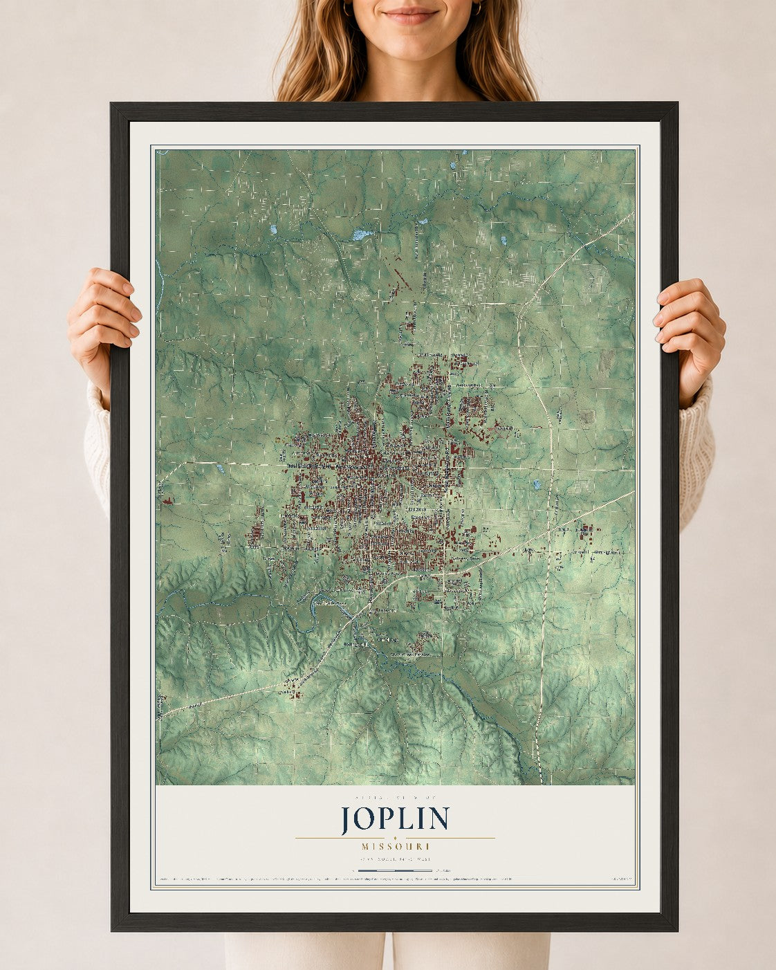 Map of Joplin, Missouri, 24 x 36 inch print in a black wood frame
