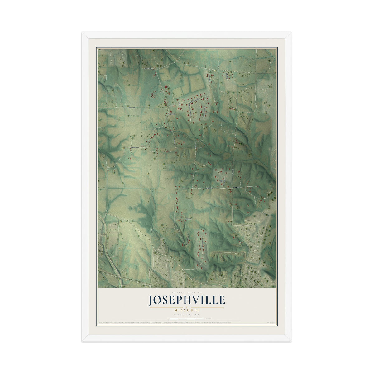 Map of Josephville, Missouri, 12 x 18 inch print in a white wood frame