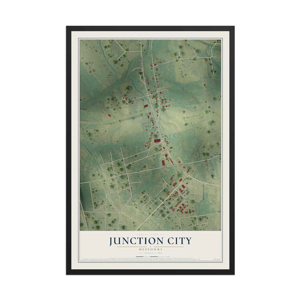 Map of Junction City, Missouri, 12 x 18 inch print in a black wood frame