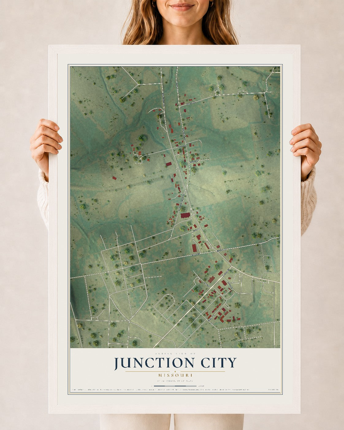 Map of Junction City, Missouri, 24 x 36 inch print in a white wood frame
