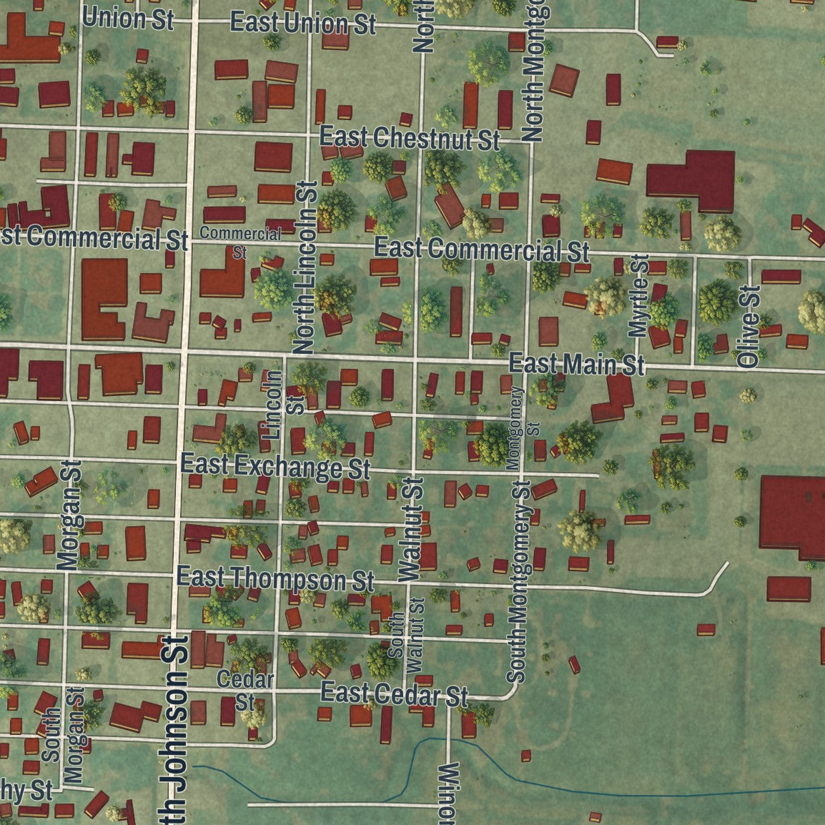 Close-up of the map of Kahoka, Missouri print showing street and building detail