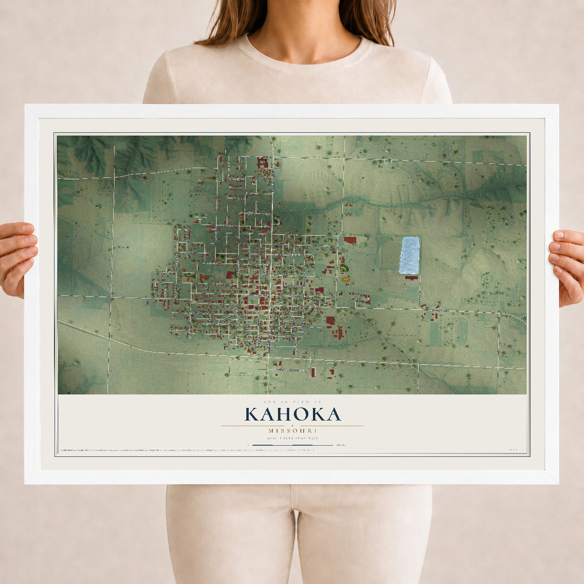 Map of Kahoka, Missouri, 18 x 24 inch print in a white wood frame