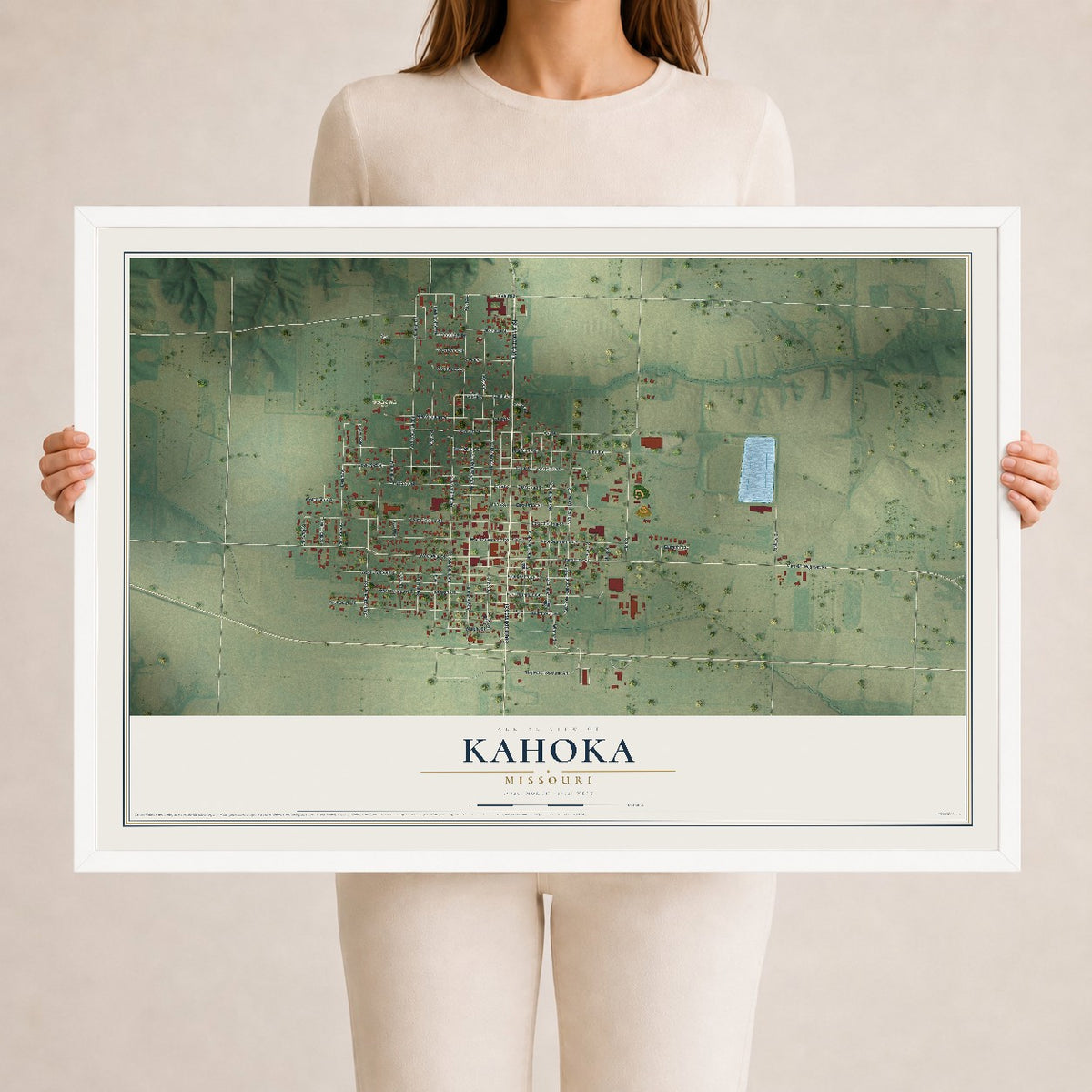 Map of Kahoka, Missouri, 24 x 36 inch print in a white wood frame