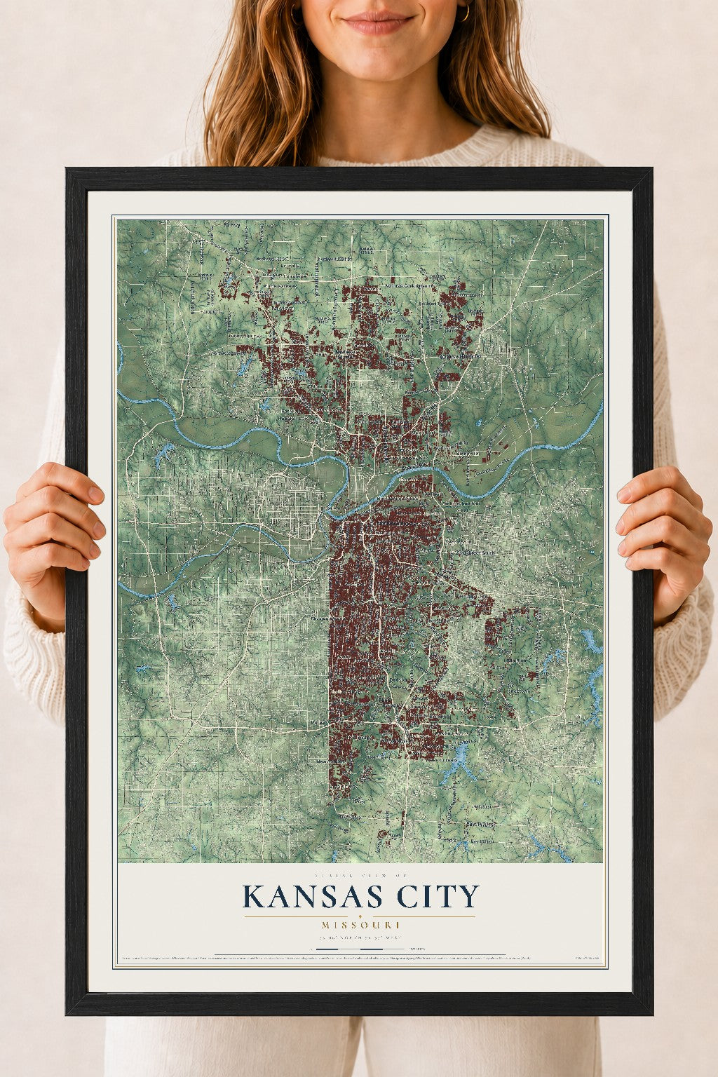 Map of Kansas City, Missouri, 18 x 24 inch print in a black wood frame