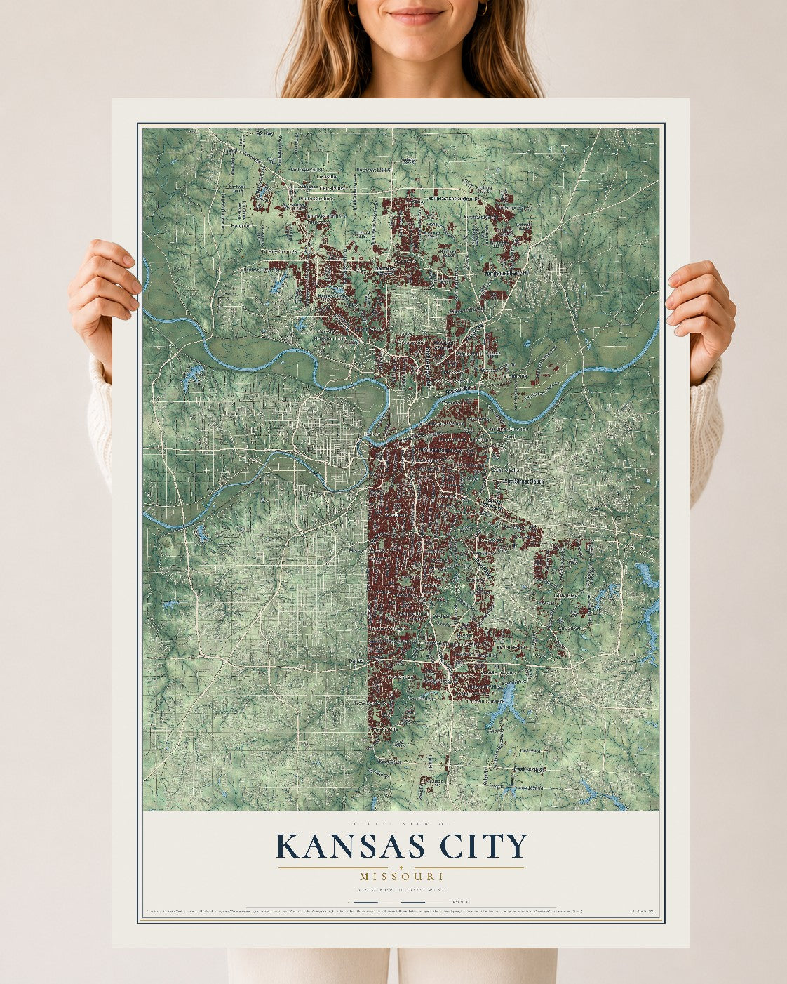 Map of Kansas City, Missouri, 24 x 36 inch unframed archival matte print