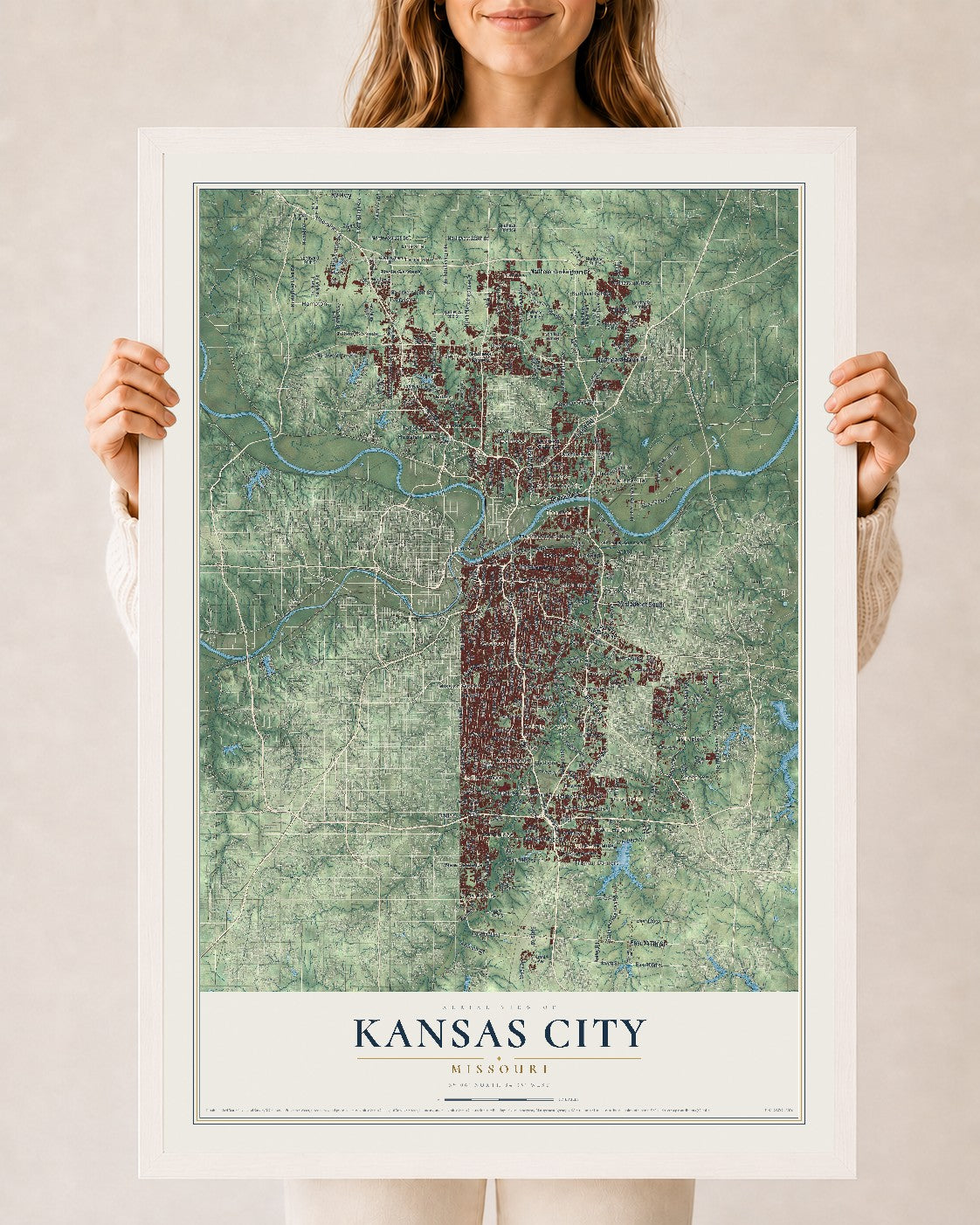 Map of Kansas City, Missouri, 24 x 36 inch print in a white wood frame
